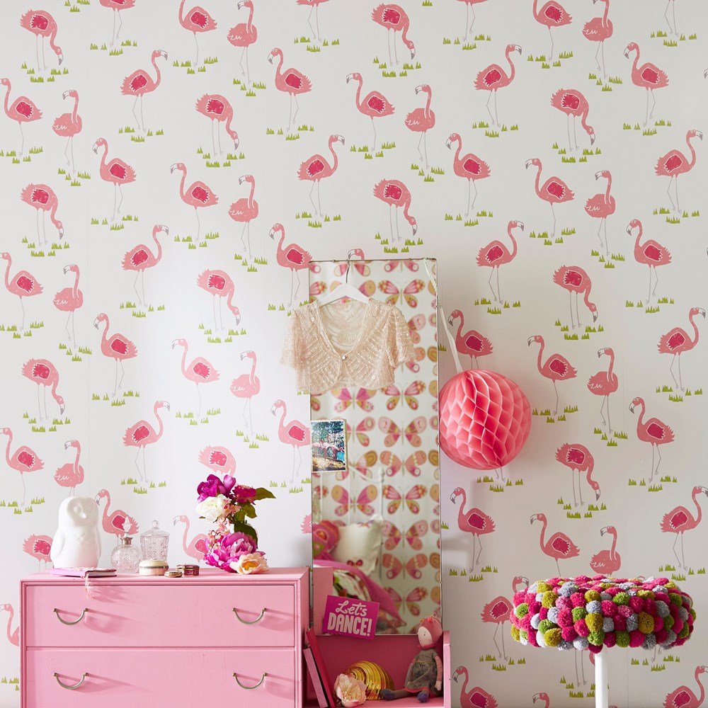 Felicity Flamingo Wallpaper 111277 by Scion in Blancmange Chalk